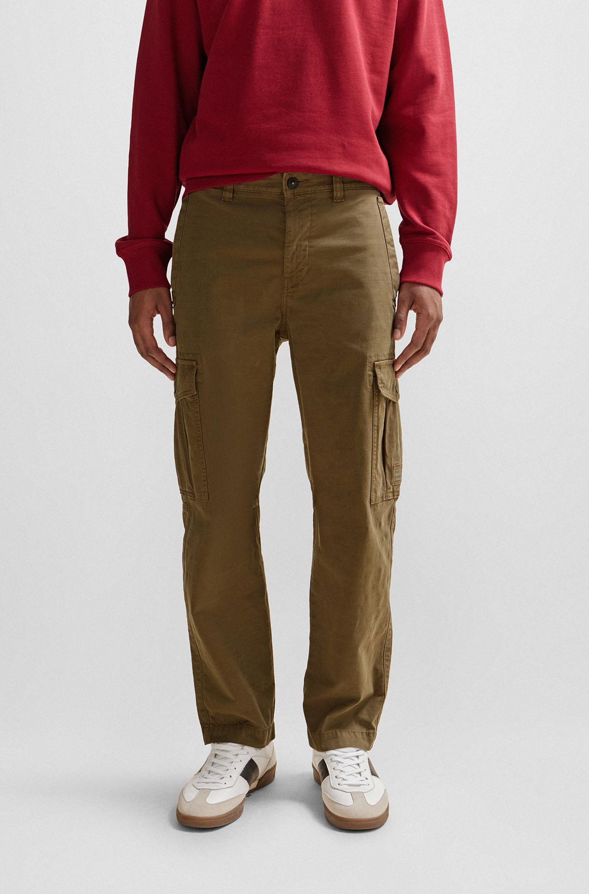 Pantaloni cargo in cotone elasticizzato con toppa con logo, Verde scuro