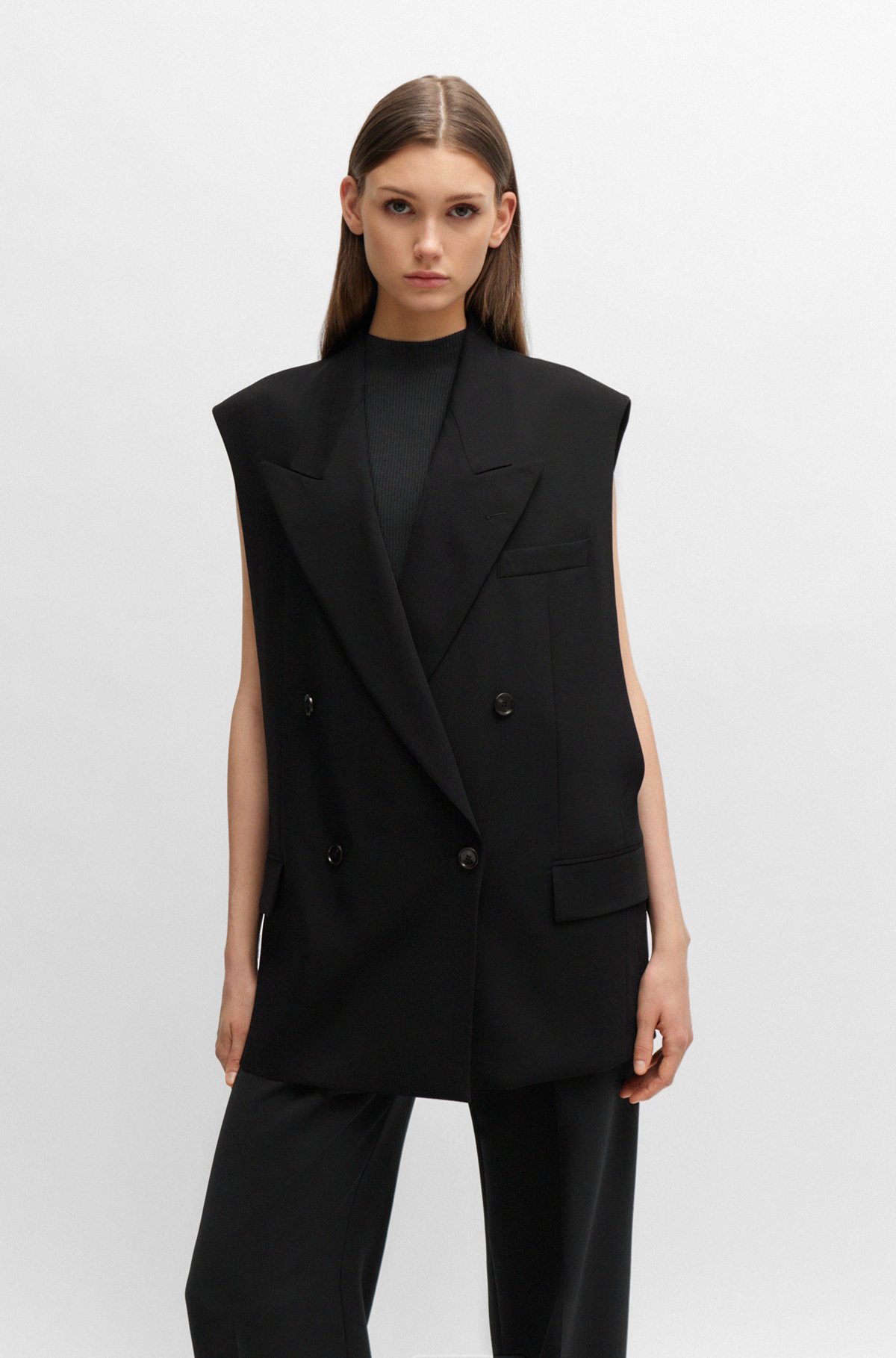 Oversized-fit sleeveless jacket in stretch wool, Black