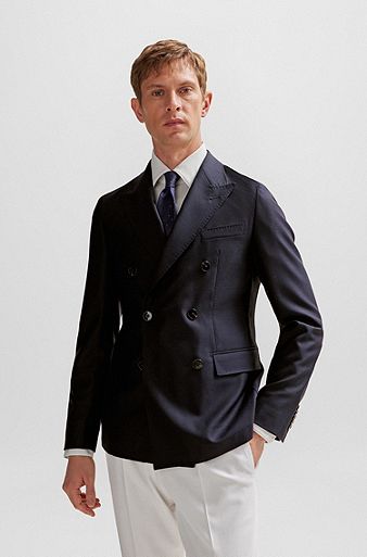 Double-breasted slim-fit jacket in structured virgin wool, Dark Blue