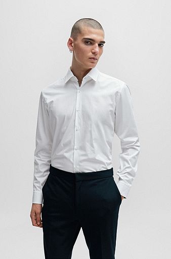 スリムフィットシャツ イージーアイロン コットンポプリン, ホワイト