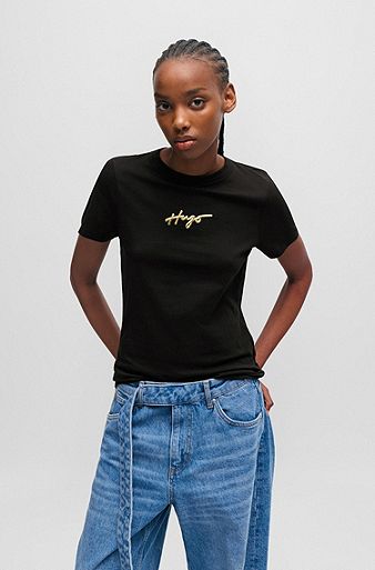 T-shirt van katoenen jersey met handgeschreven logo in metallic-look, Zwart