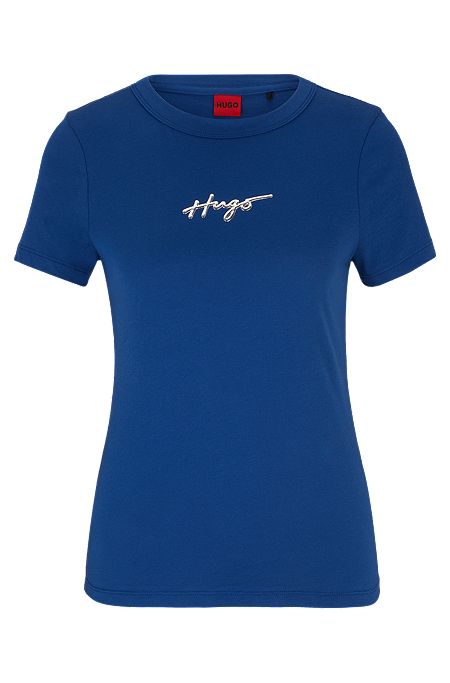 T-shirt in jersey di cotone con logo scritto a mano effetto metallizzato, Blu