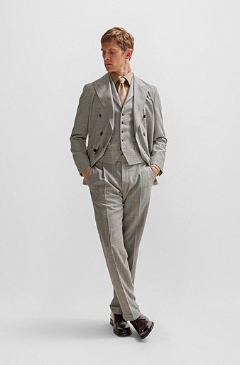 Zweireihiger Slim-Fit Anzug aus karierter Schurwolle, Grau