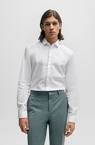 Camicia slim fit in cotone jacquard, Bianco