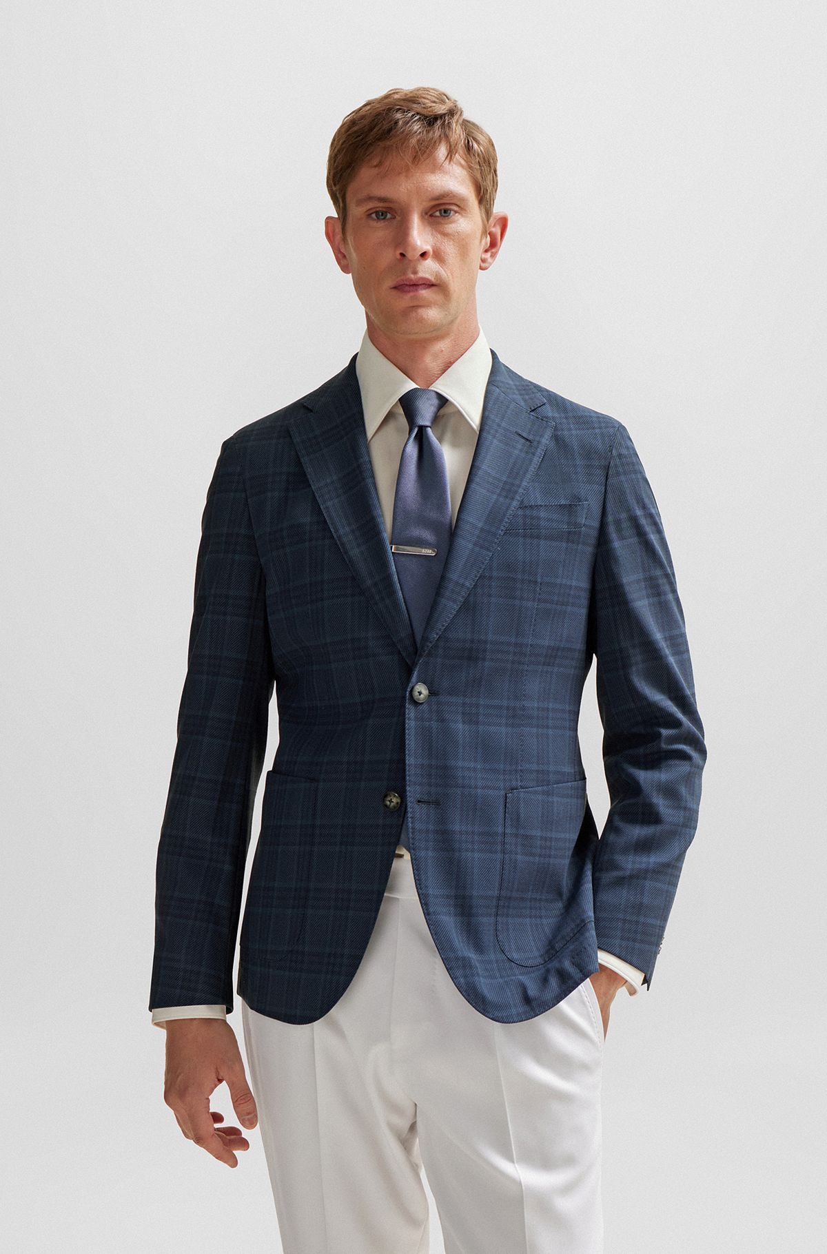 Slim-fit jacket in a checked wool blend, Dark Blue