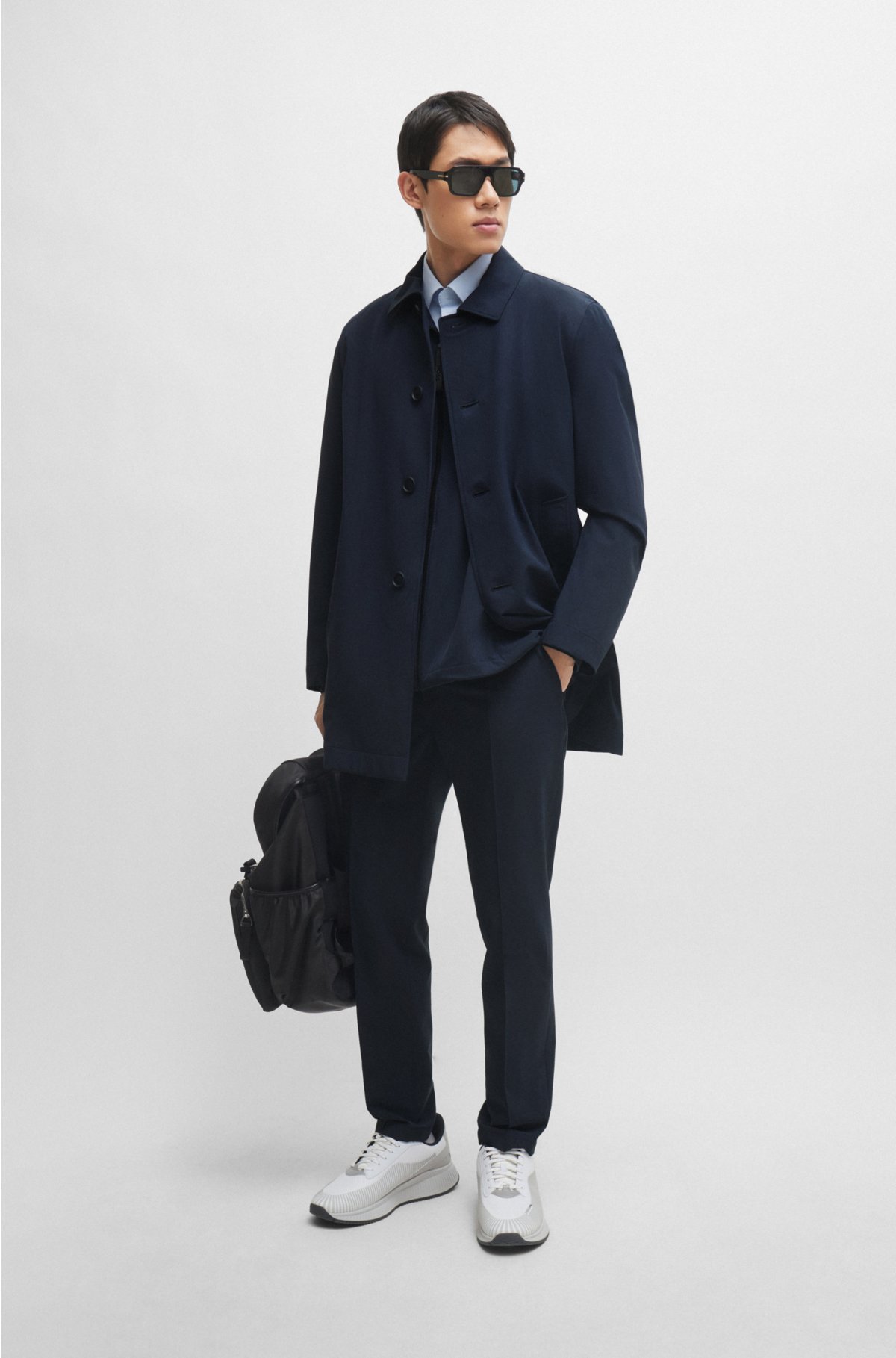 Regular-fit button-up coat in stretch material, Dark Blue