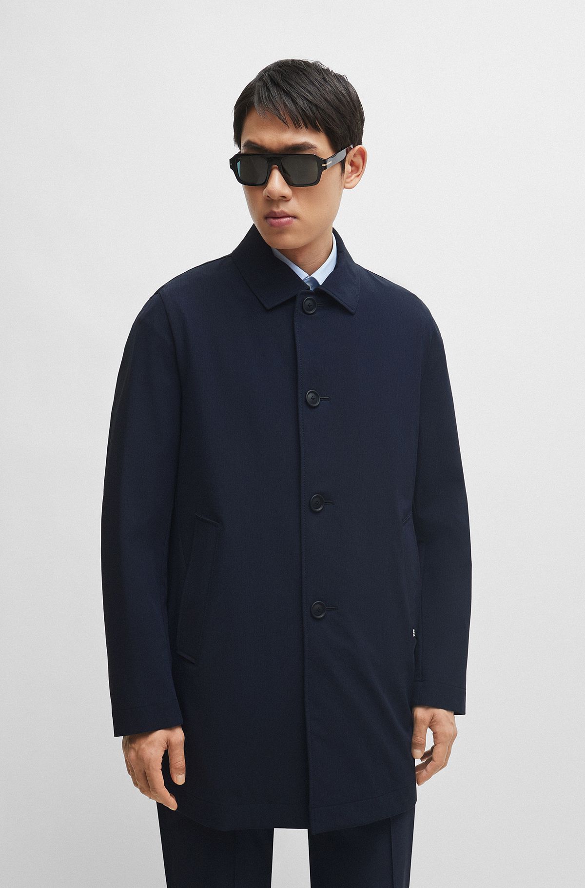 Regular-fit button-up coat in stretch material, Dark Blue