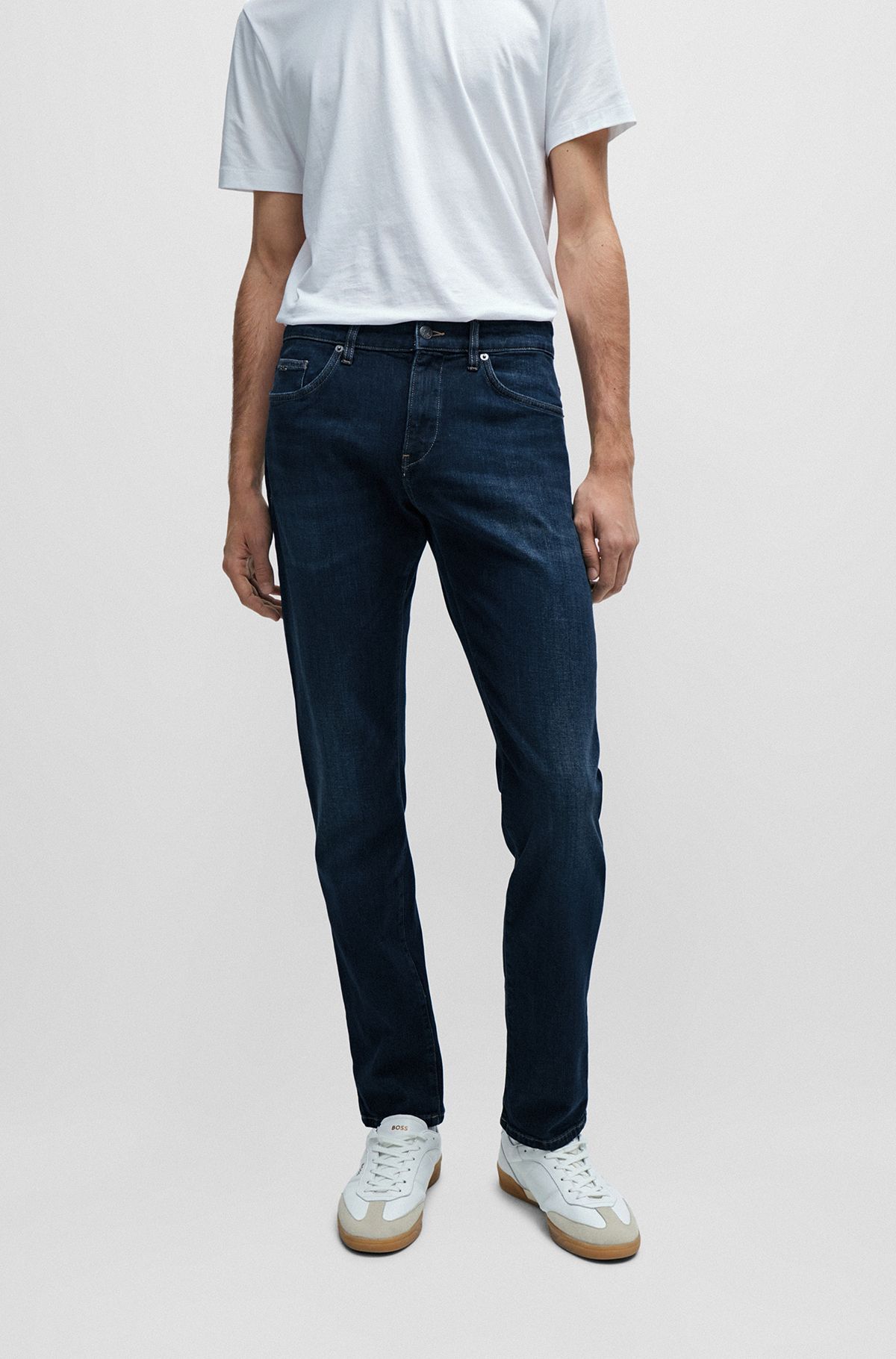 Slim-fit jeans in blue Italian cashmere-touch denim, Dark Blue