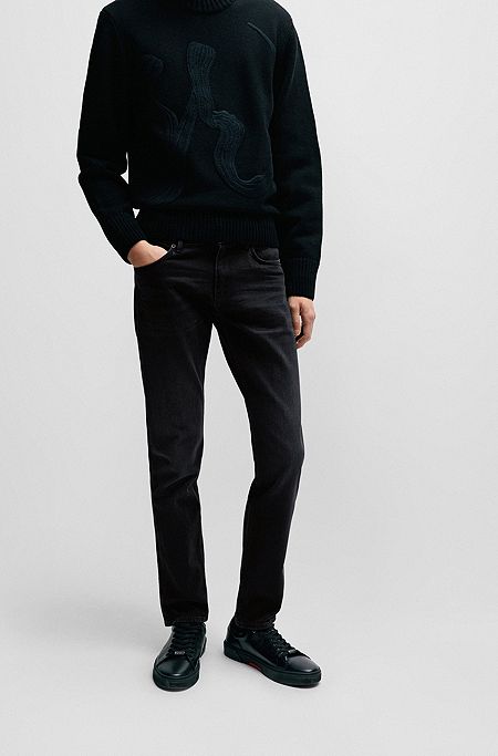 Schwarze Slim-Fit Jeans aus italienischem Selvedge-Denim, Dunkelgrau