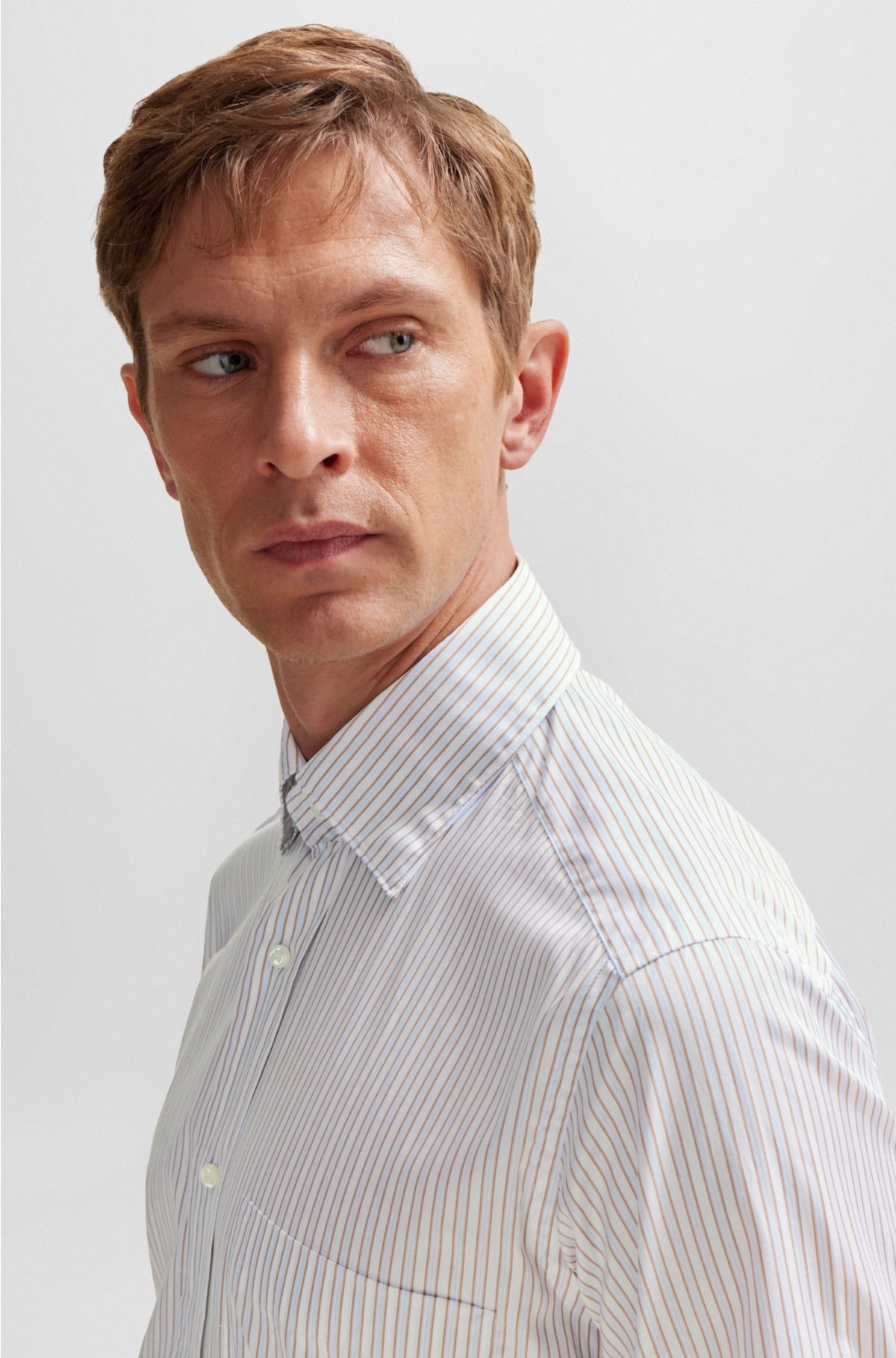 Regular-fit shirt in striped cotton twill, Light Grey