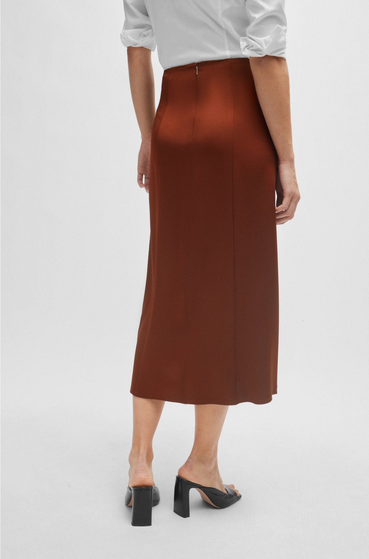 High-waisted A-line skirt with gathered details, Brown