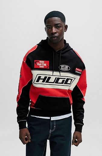 Colour-blocked hoodie in cotton with racing-inspired details, Patterned