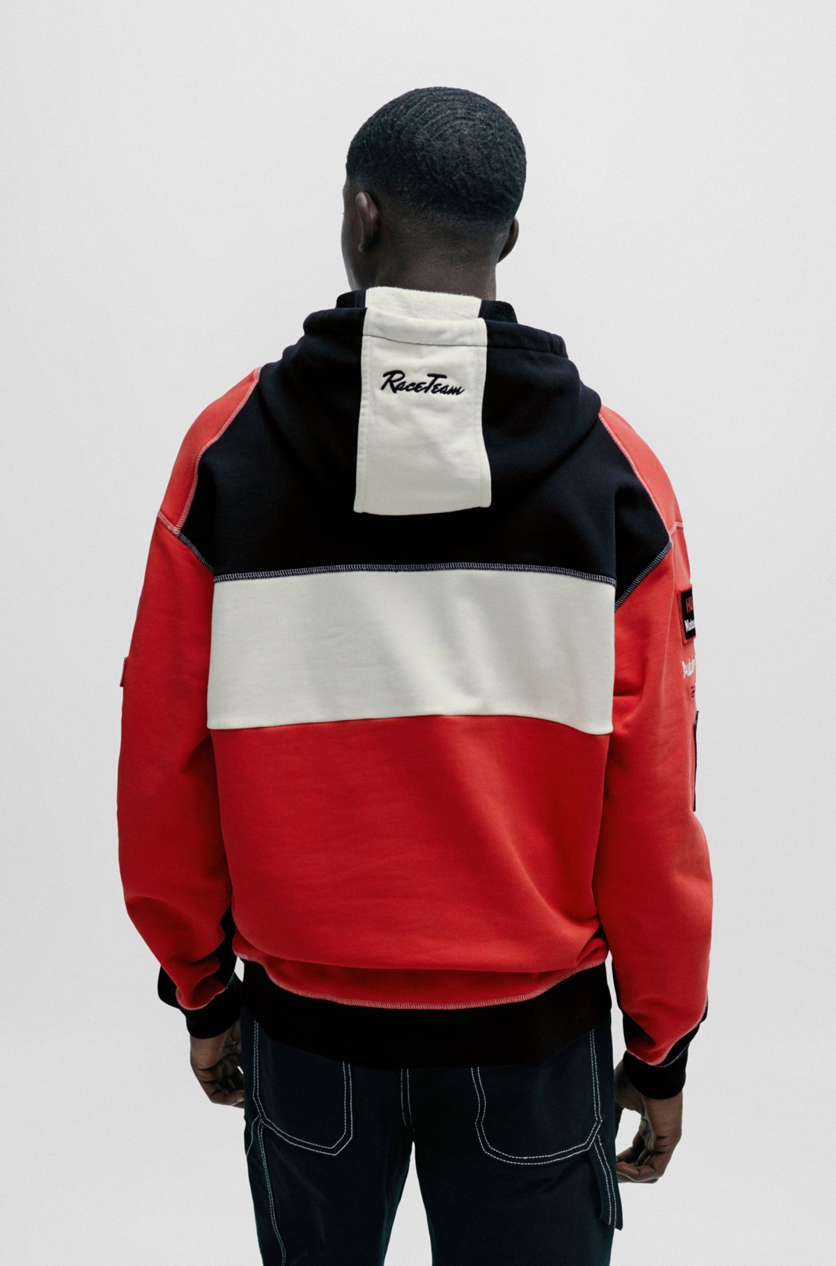 Colour-blocked hoodie in cotton with racing-inspired details, Patterned