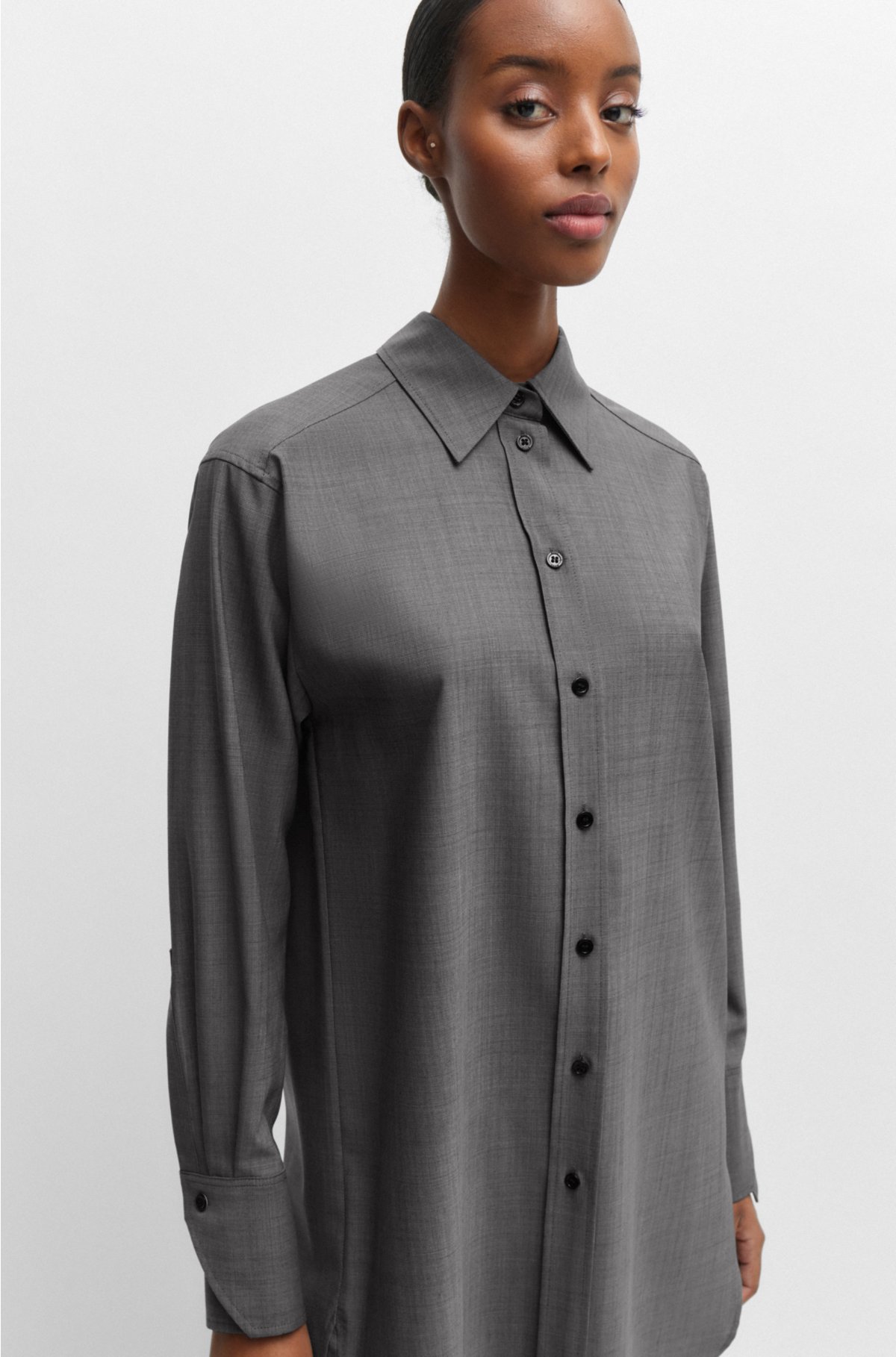Relaxed-fit blouse in Italian virgin-wool sharkskin, Dark Grey