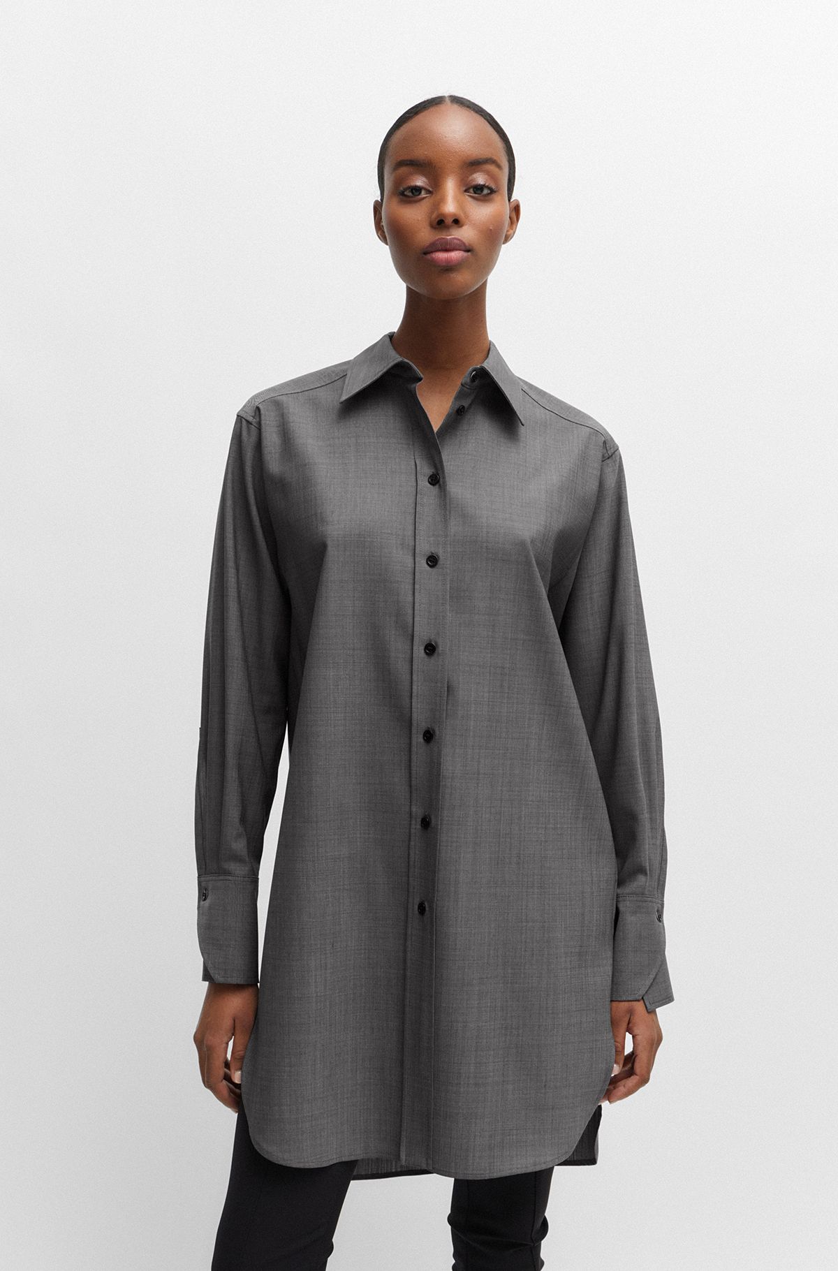 Relaxed-fit blouse van Italiaanse scheerwol met sharkskin-structuur, Donkergrijs