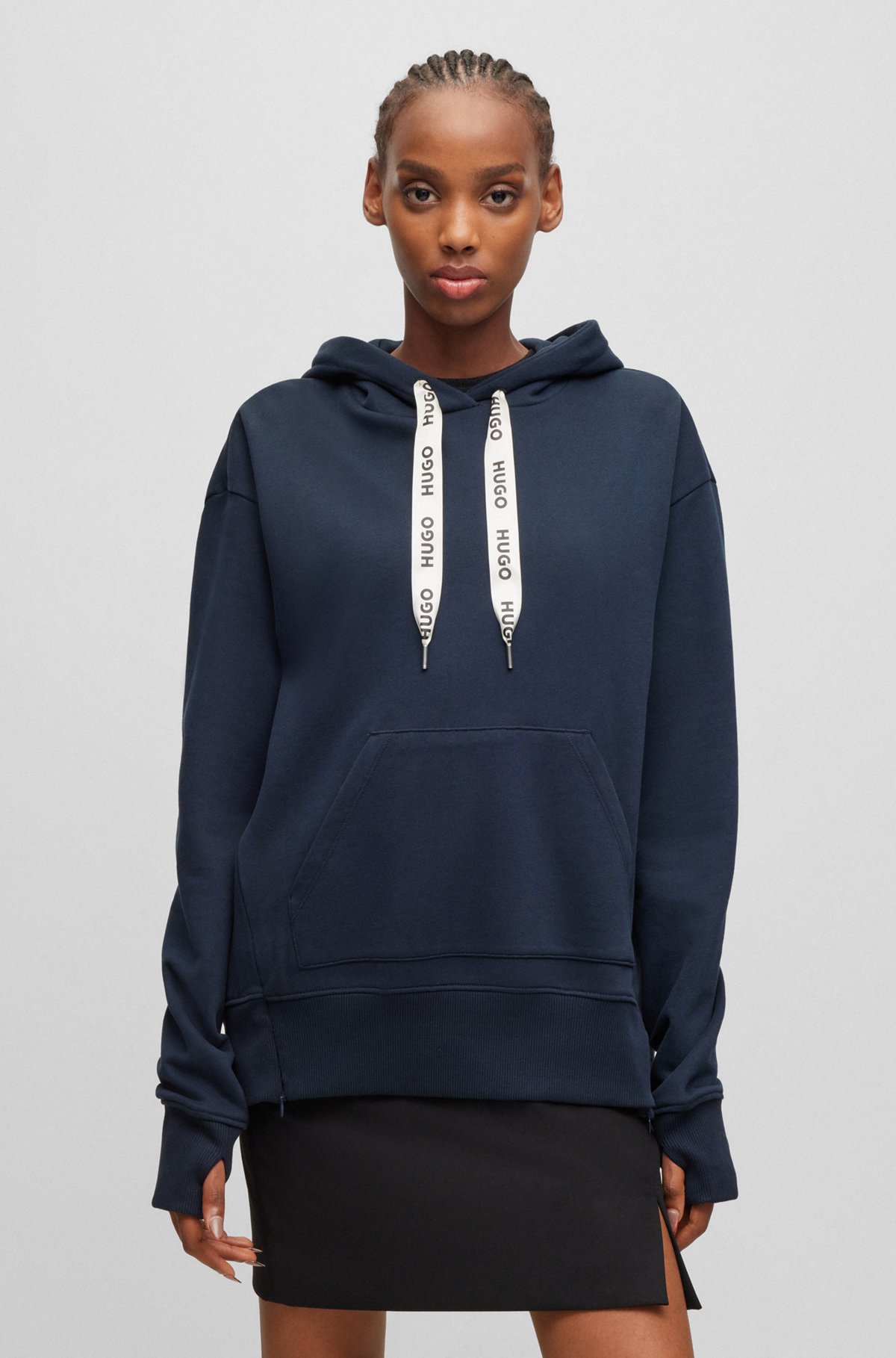 Cotton-terry hoodie with branded drawcords, Dark Blue