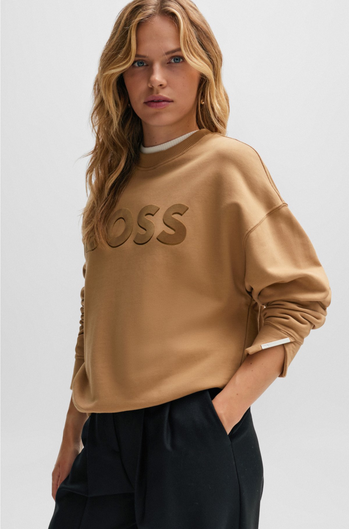 Cotton-terry sweatshirt with logo detail, Light Brown