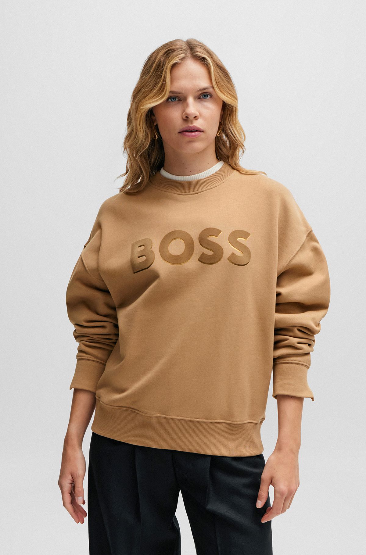 Sweatshirt met logodetail van katoenen sweatstof, Beige