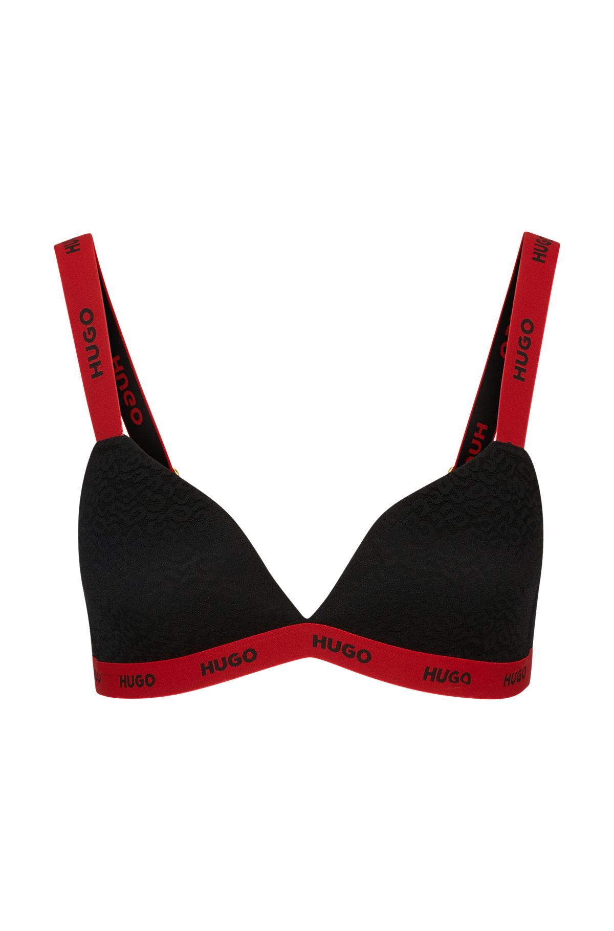 Lace triangle bra with contrast branded trims, Black