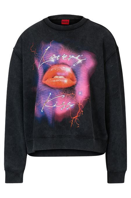 Oversized-fit sweatshirt in French terry with seasonal artwork, Black