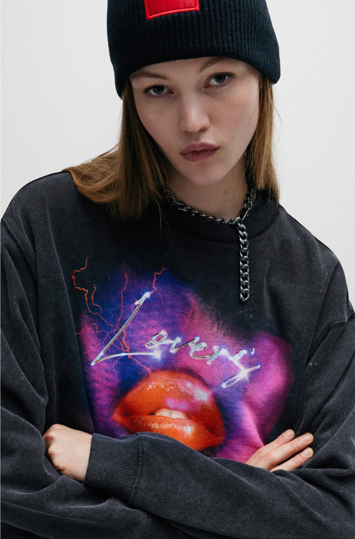 Oversized-fit sweatshirt in French terry with seasonal artwork, Black