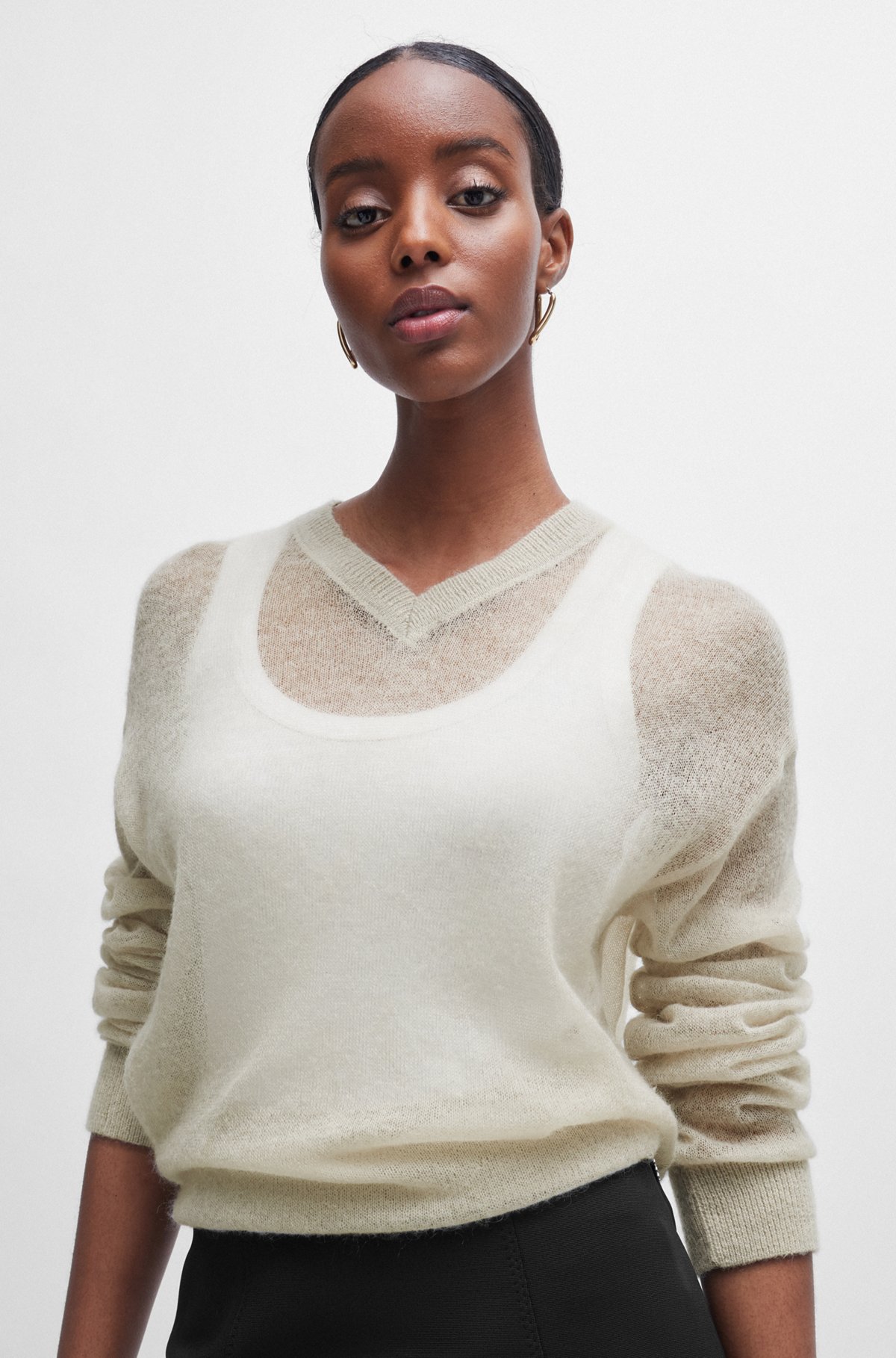 V-neck sweater in a sheer knit, Light Beige