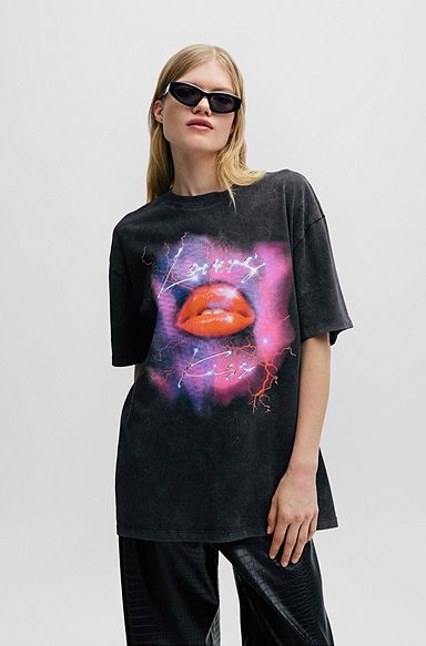 Oversized-fit T-shirt in cotton jersey with seasonal artwork, Black