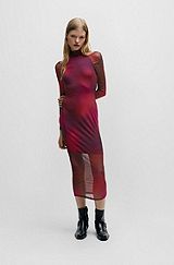 Slim-fit dress in stretch mesh with ruffled sleeves, Patterned