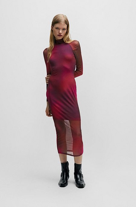 Slim-fit dress in stretch mesh with ruffled sleeves, Red Patterned