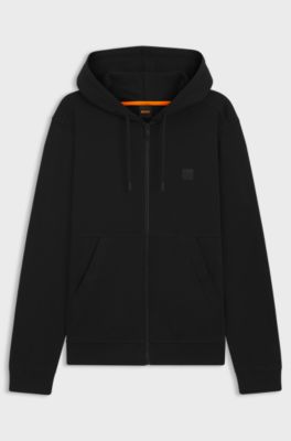 Cotton-terry zip-up hoodie with tonal logo patch, Black