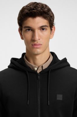 Cotton-terry zip-up hoodie with tonal logo patch, Black