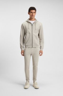 Cotton-terry zip-up hoodie with tonal logo patch, Light Beige