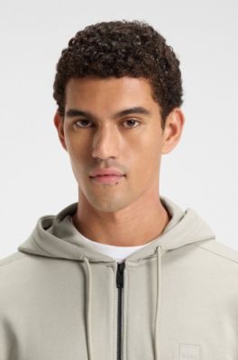 Cotton-terry zip-up hoodie with tonal logo patch, Light Beige