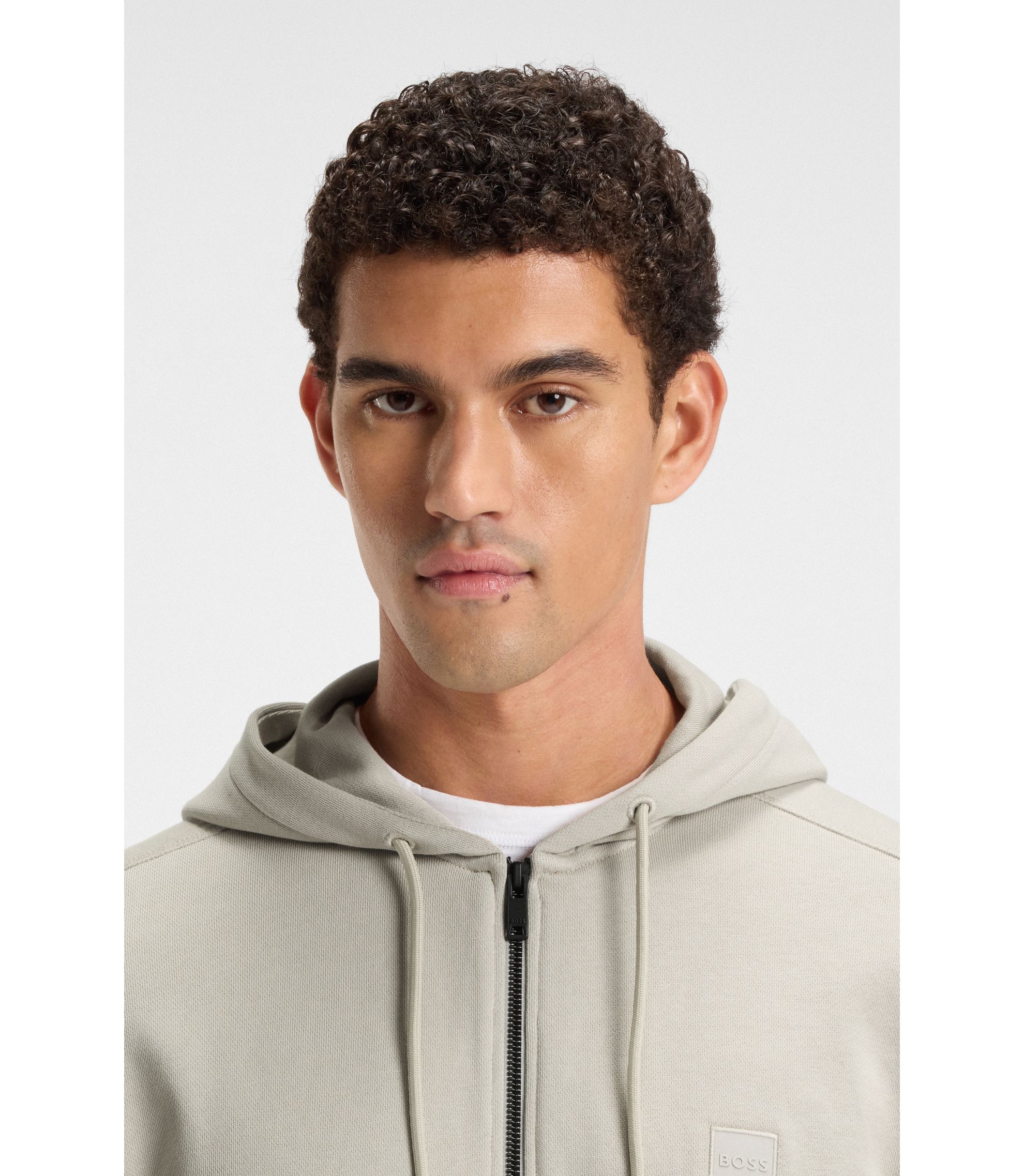 BOSS - Cotton-terry zip-up hoodie with tonal logo patch