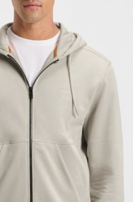 Cotton-terry zip-up hoodie with tonal logo patch, Light Beige