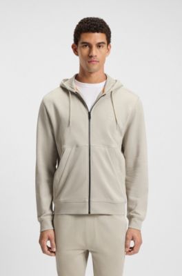 Cotton-terry zip-up hoodie with tonal logo patch, Light Beige