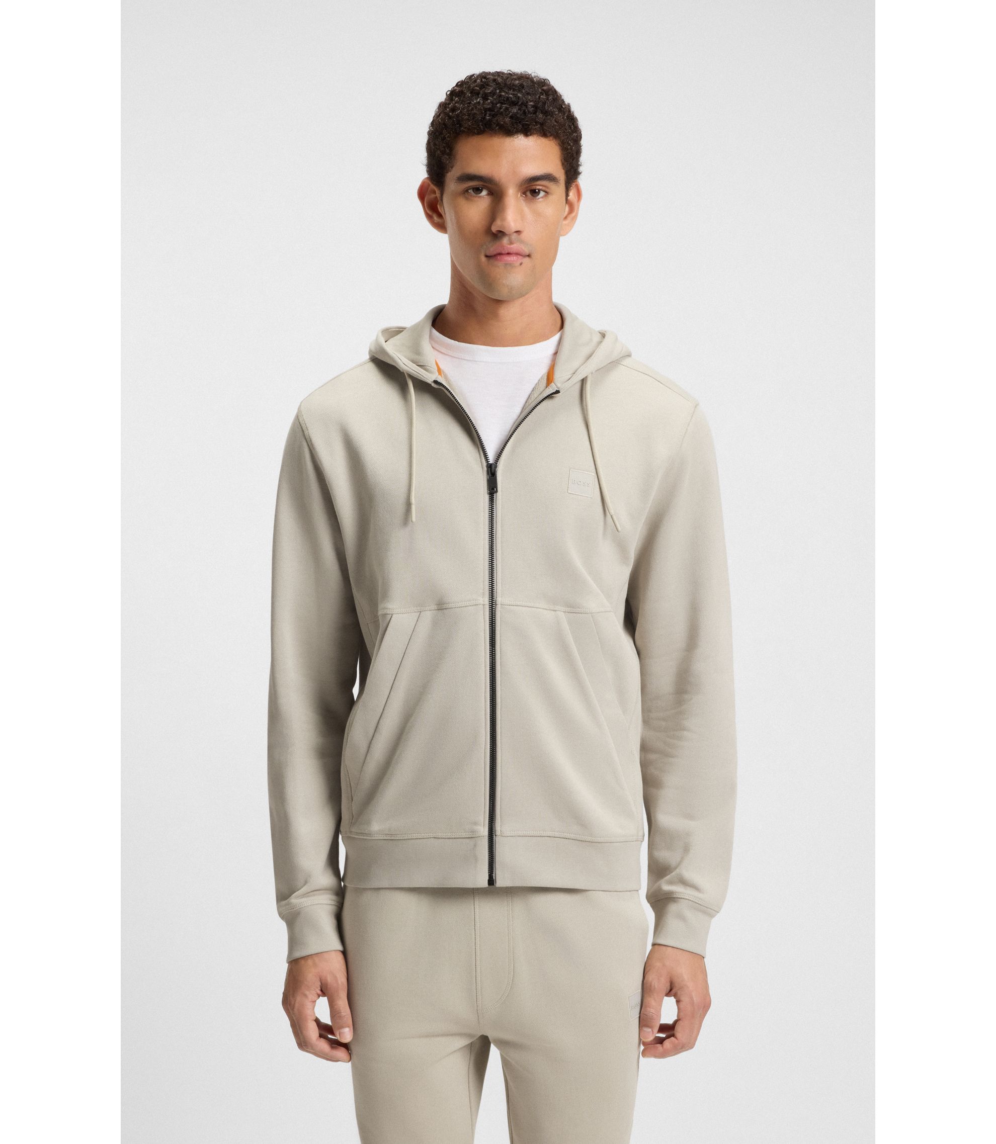 BOSS - Cotton-terry zip-up hoodie with tonal logo patch