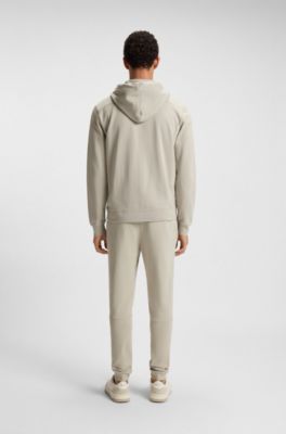 Cotton-terry zip-up hoodie with tonal logo patch, Light Beige