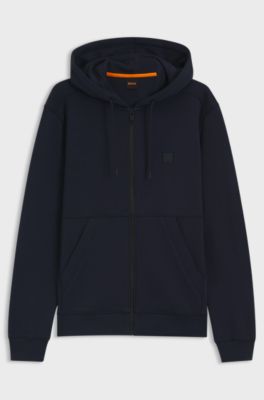 Cotton-terry zip-up hoodie with tonal logo patch, Dark Blue