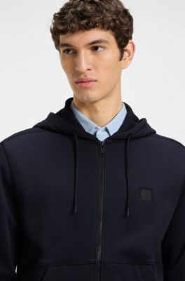 Cotton-terry zip-up hoodie with tonal logo patch, Dark Blue