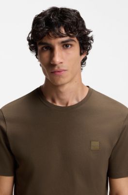 T-shirt in jersey di cotone con toppa con logo, Marrone scuro