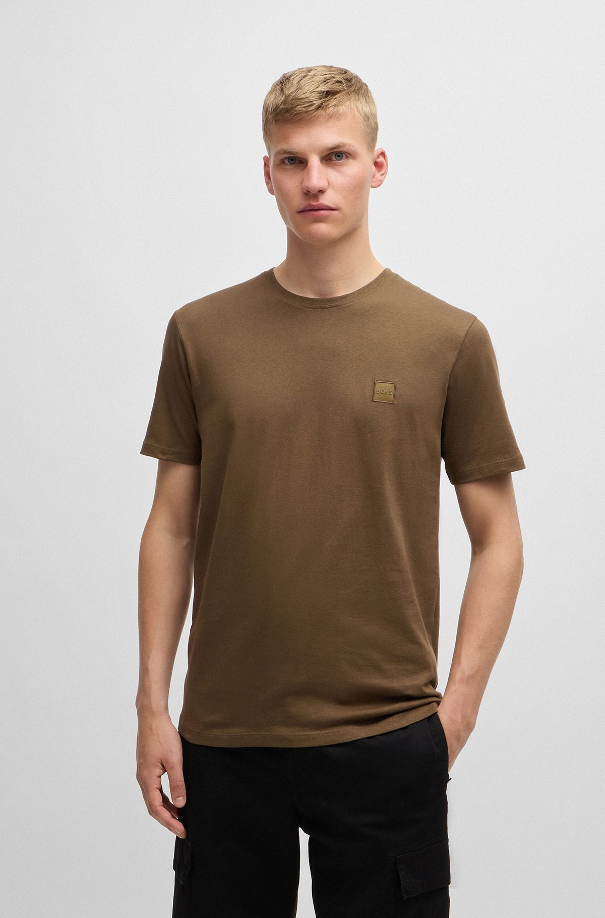 Cotton-jersey T-shirt with logo patch, Dark Brown