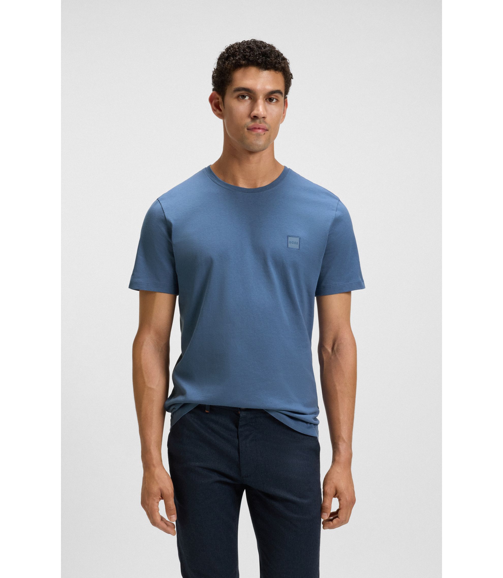 BOSS - Cotton-jersey T-shirt with logo patch - Blue