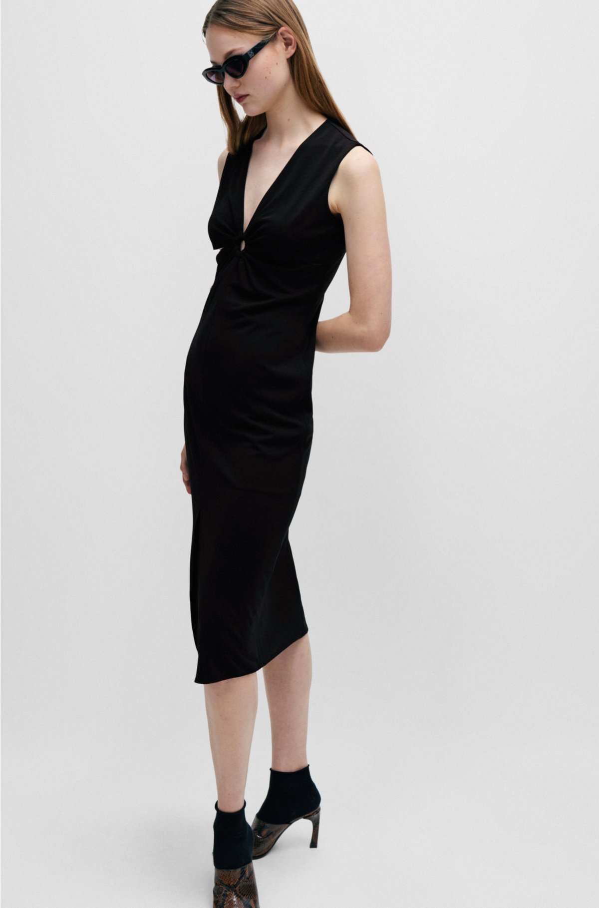 Sleeveless midi dress with cut-outs and ring detail, Black
