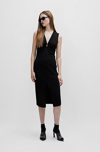 Sleeveless midi dress with cut-outs and ring detail, Black