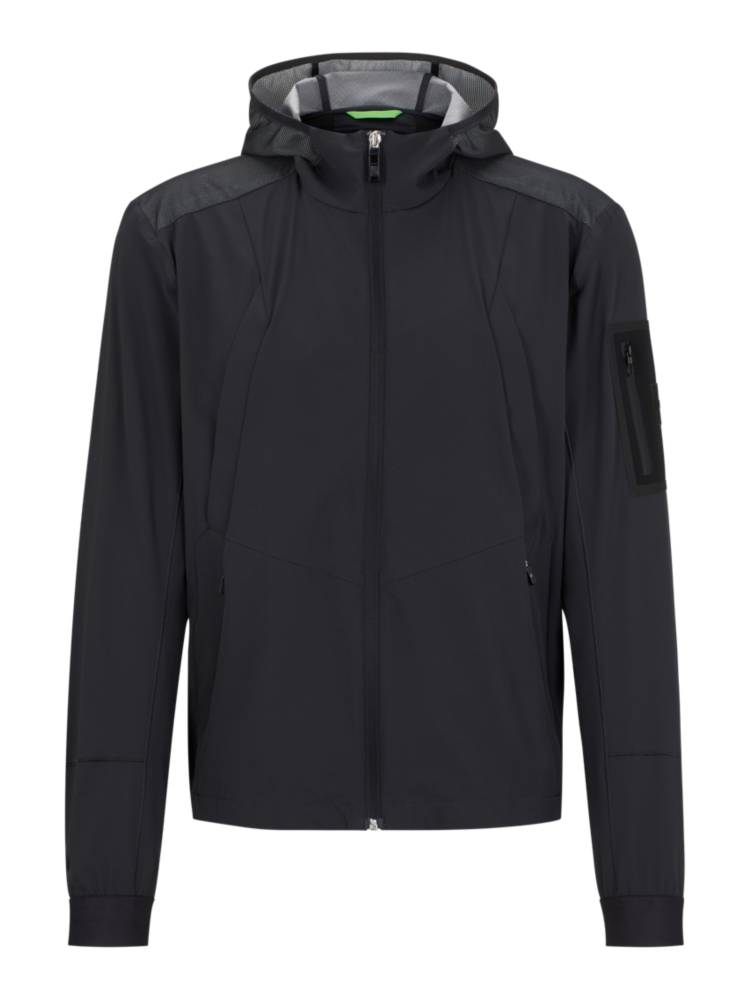 Artikel klicken und genauer betrachten! - Gerade geschnittene BOSS Jacke mit Kapuze. Gemusterte Akzente und ein Signature-Detail zeichnen den Layer aus wasserabweisenden Materialien aus. | im Online Shop kaufen