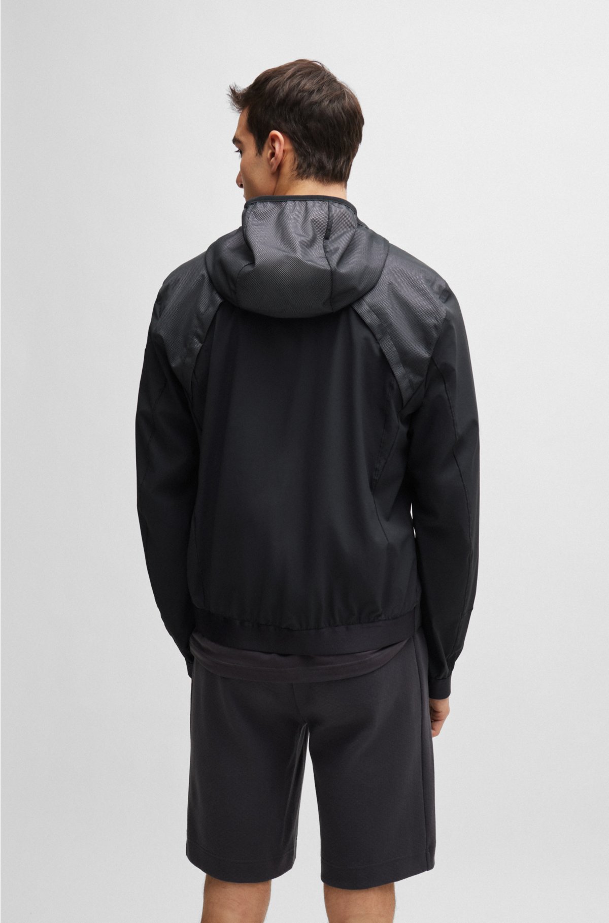 Mixed-material hooded jacket with patterned trims, Dark Grey