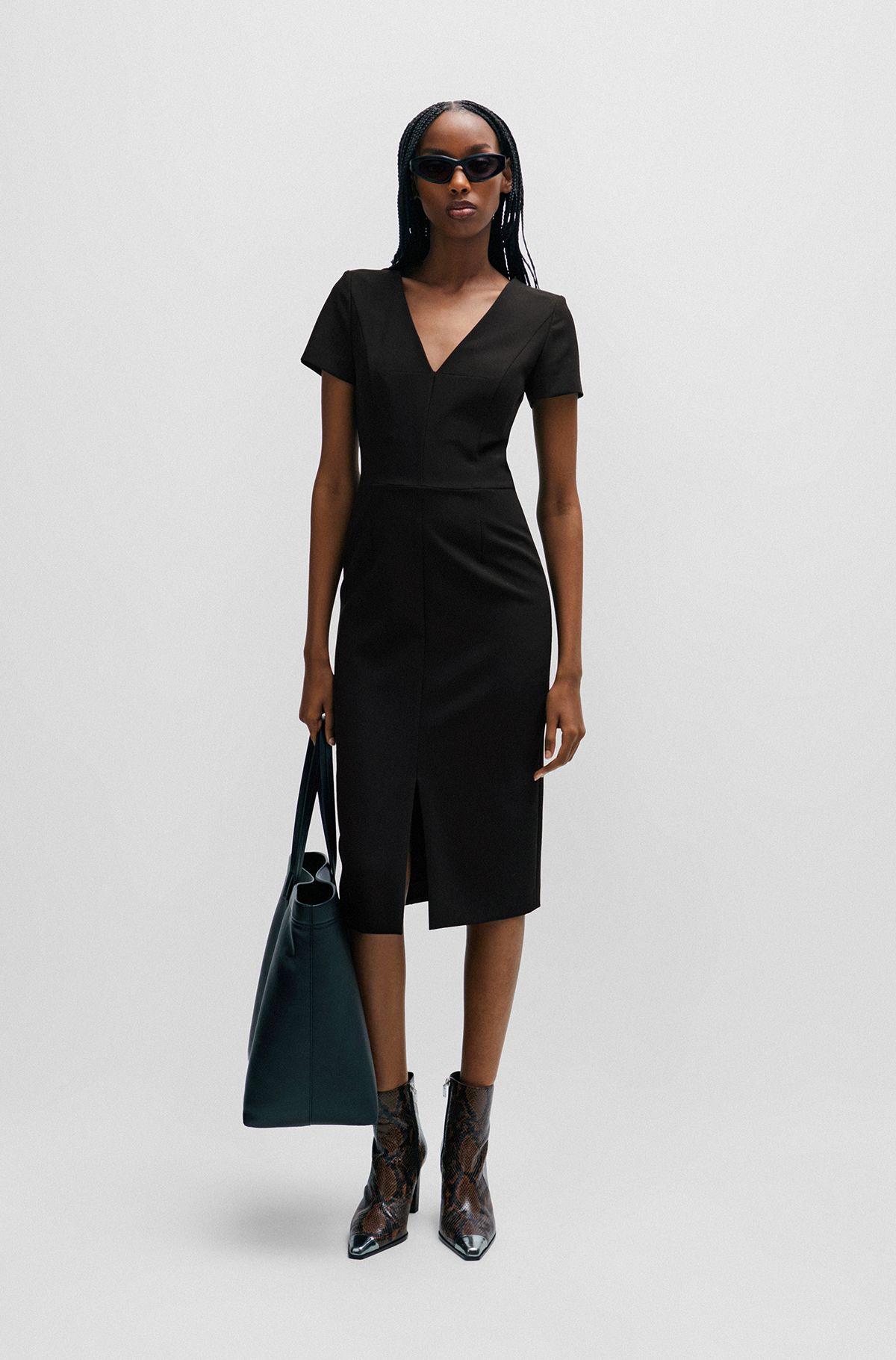Slim-fit midi dress in stretch fabric, Black