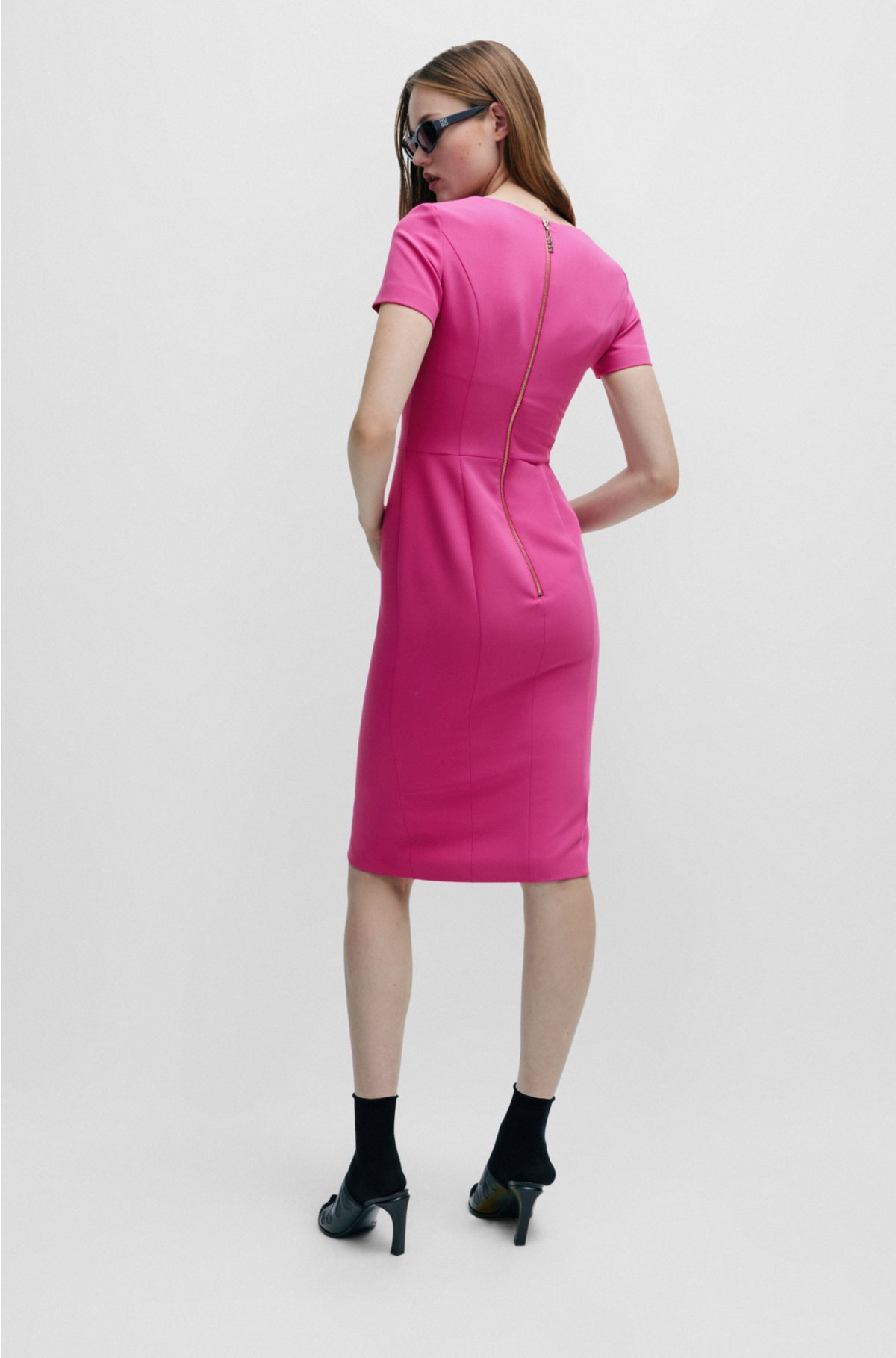 Slim-fit midi dress in stretch fabric, Dark pink