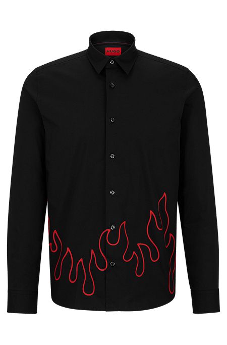 Camisa relaxed fit con cuello Kent e ilustración de llamas, Negro